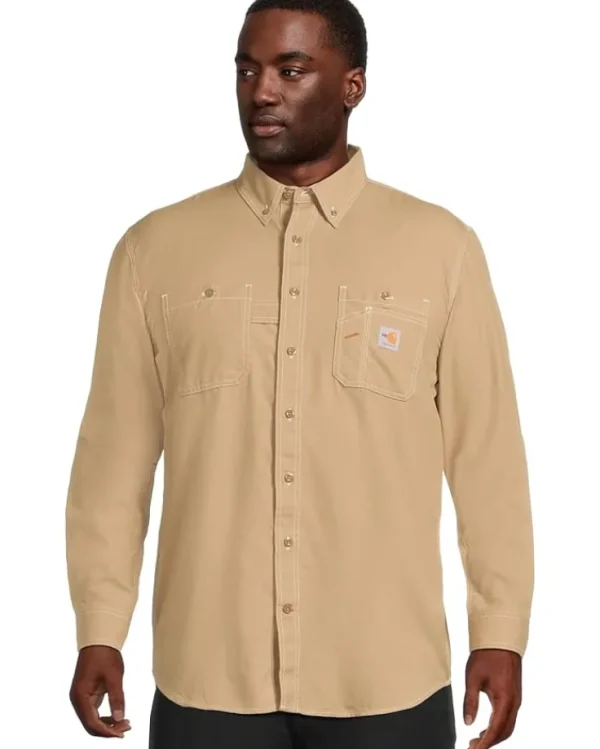 Carhartt Big & Tall | Shirts & Tops<Big & Tall Flame-Resistant Force Original Fit Lightweight Long Sleeve Button Front Shirt Dark Khaki