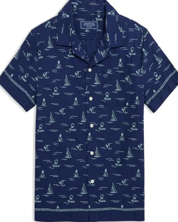 Vineyard Vines Kids Shirts & Tops<Boys Short Sleeves Cabana Shirt (Little Kid) Sea Icons Border Chappy- Nautical Navy