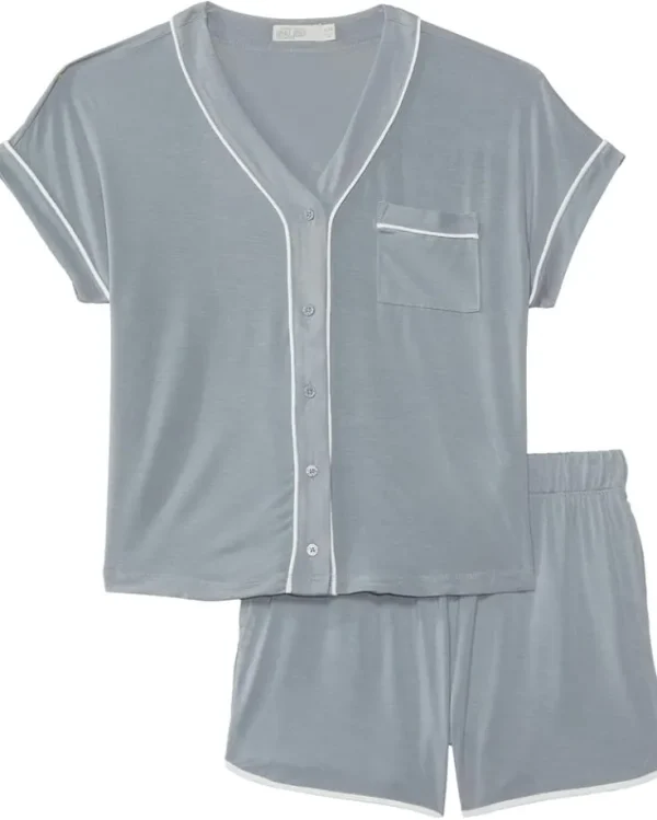 Barefoot Dreams Kids Pajamas<CozyChic® Malibu Collection Youth Soft Jersey Piped Pj Set (Little Kid/Big Kid) Moonbeam/White