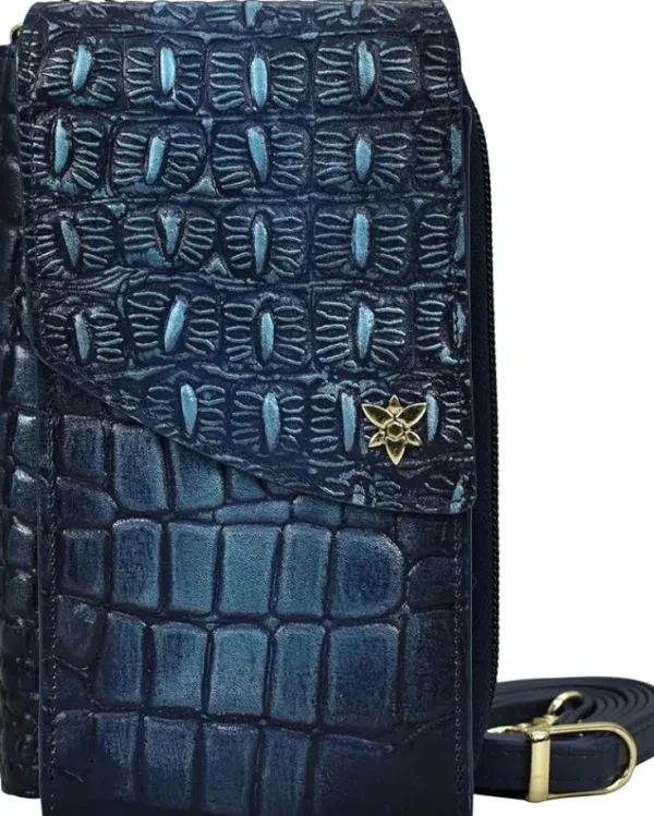 Anuschka Wallets<1173 Crossbody Phone Case Croc Embossed Sapphire