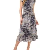 CeCe Dresses<Flutter Sleeve Smocked Waist Midi Dress Classic Navy