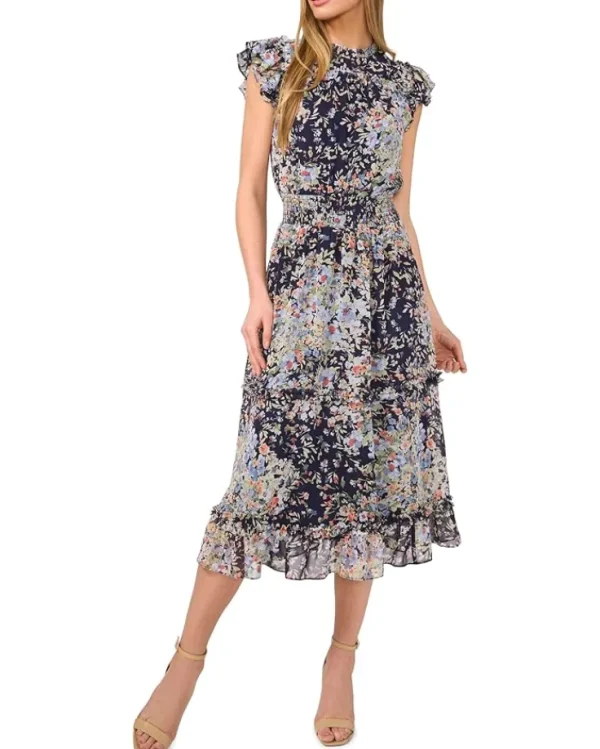 CeCe Dresses<Flutter Sleeve Smocked Waist Midi Dress Classic Navy