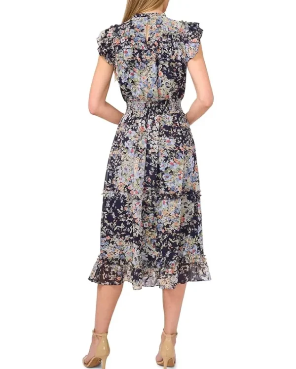 CeCe Dresses<Flutter Sleeve Smocked Waist Midi Dress Classic Navy