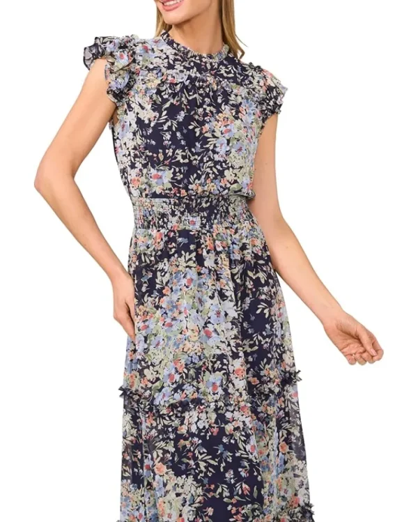 CeCe Dresses<Flutter Sleeve Smocked Waist Midi Dress Classic Navy