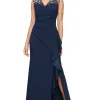 Alex Evenings Dresses<Long Matte Jersey Dress with Embroidered Illussion Neckline Navy/Pink