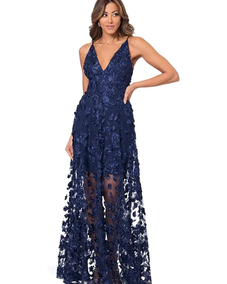 long_soutache_mesh_v_neck_0.webp XSCAPE Dresses | Plus Size<Long Soutache Mesh V Neck Navy