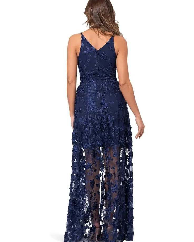 long_soutache_mesh_v_neck_1.webp XSCAPE Dresses | Plus Size<Long Soutache Mesh V Neck Navy