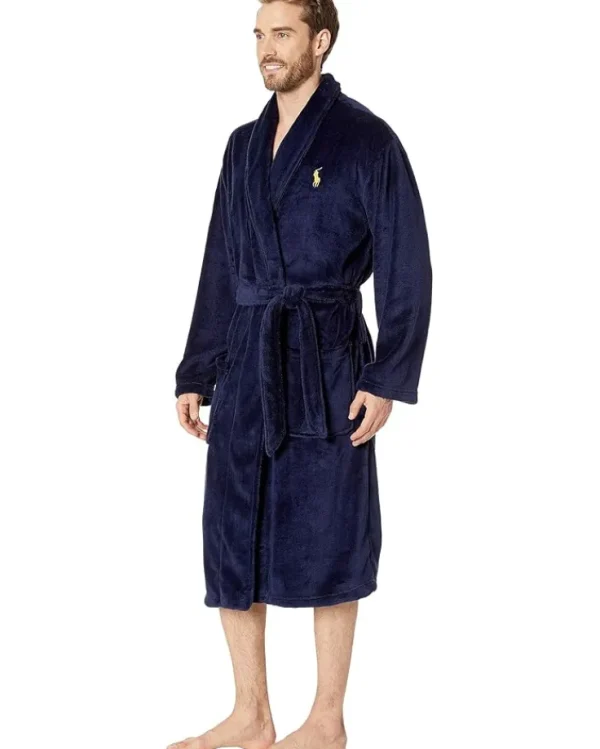 Polo Ralph Lauren Sleepwear<Microfiber Plush Long Sleeve Shawl Collar Robe Blackwatch Plaid/Basic Gold Pony Print