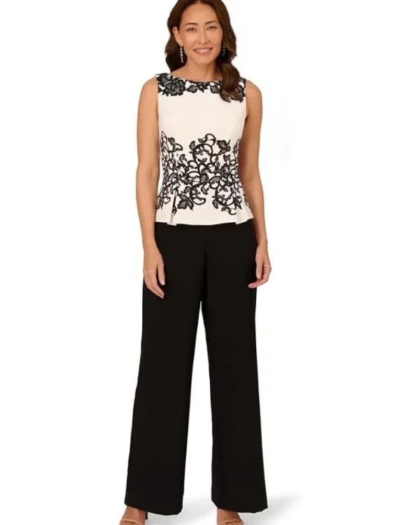 Adrianna Papell Pants<Scroll Lace Jumptsuit Ivory/Black