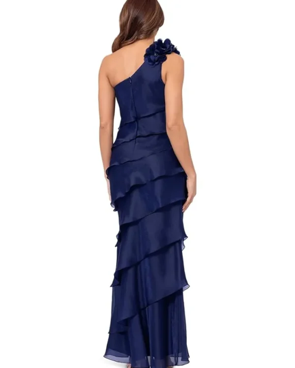 XSCAPE Long Metallic Organza Tiered One Shoulder | Women Plus Size