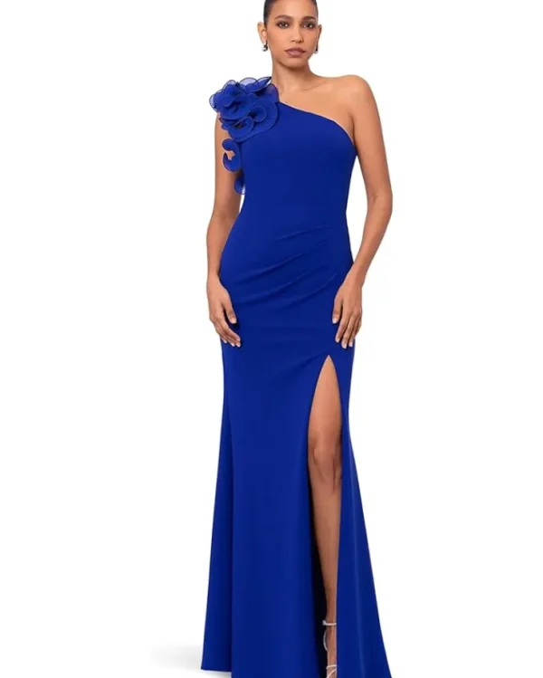 XSCAPE Long Scuba Crepe One Shoudler Flower | Women Plus Size | Dresses