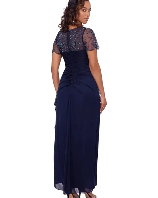 XSCAPE Long Sheer Matte Jersey Side Ruched Bead Flutter Sleeve | Women Plus Size | Dresses