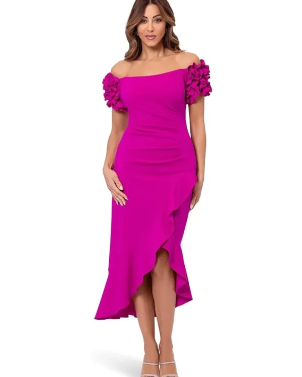 XSCAPE Midi Scuba Crepe Off The Shoulder Ruffle Sleeve | Women Plus Size