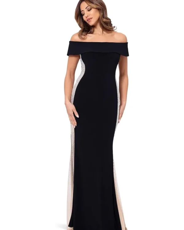 XSCAPE Off The Shoulder Ity Caviar Bead Long | Women Plus Size