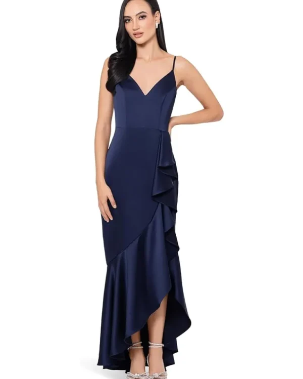 XSCAPE Satin Dress With A Fun Side Ruffle Makes For A Flattering Yet Elegant Dress | Women Plus Size | Dresses