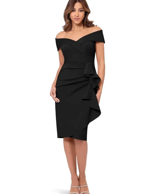XSCAPE Short Scuba Off The Shoulder Ruffle | Women Plus Size